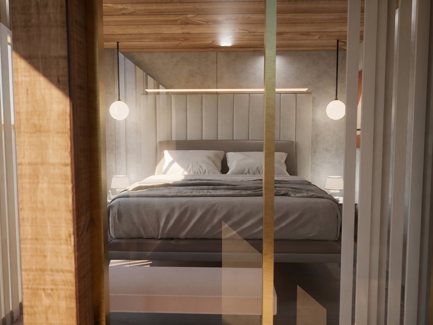 Suite principal de Casa La Cruzada, con cabecera tapizada y detalles en madera
